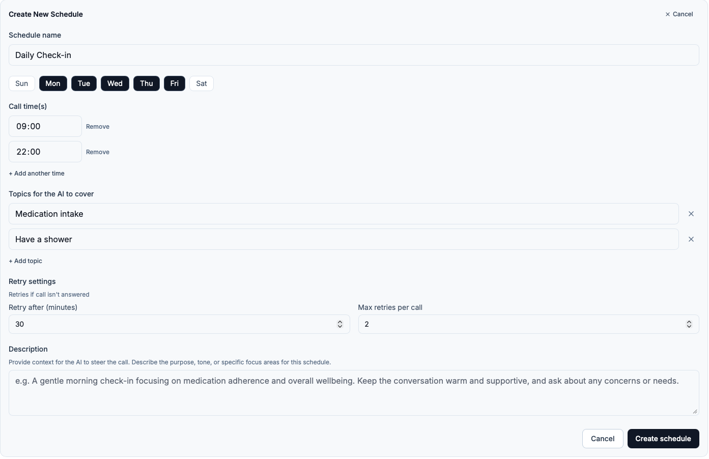 Call schedule setup screen